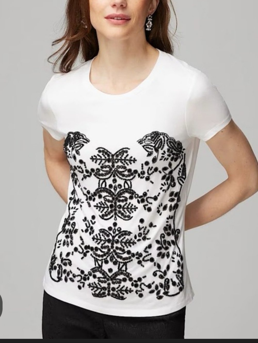 NWT White House Black Market  Short-Sleeve Tee with Black Ornate Beaded Motif